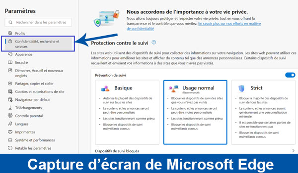 Se rendre sur la rubrique "Confidentialité, recherche et services" 