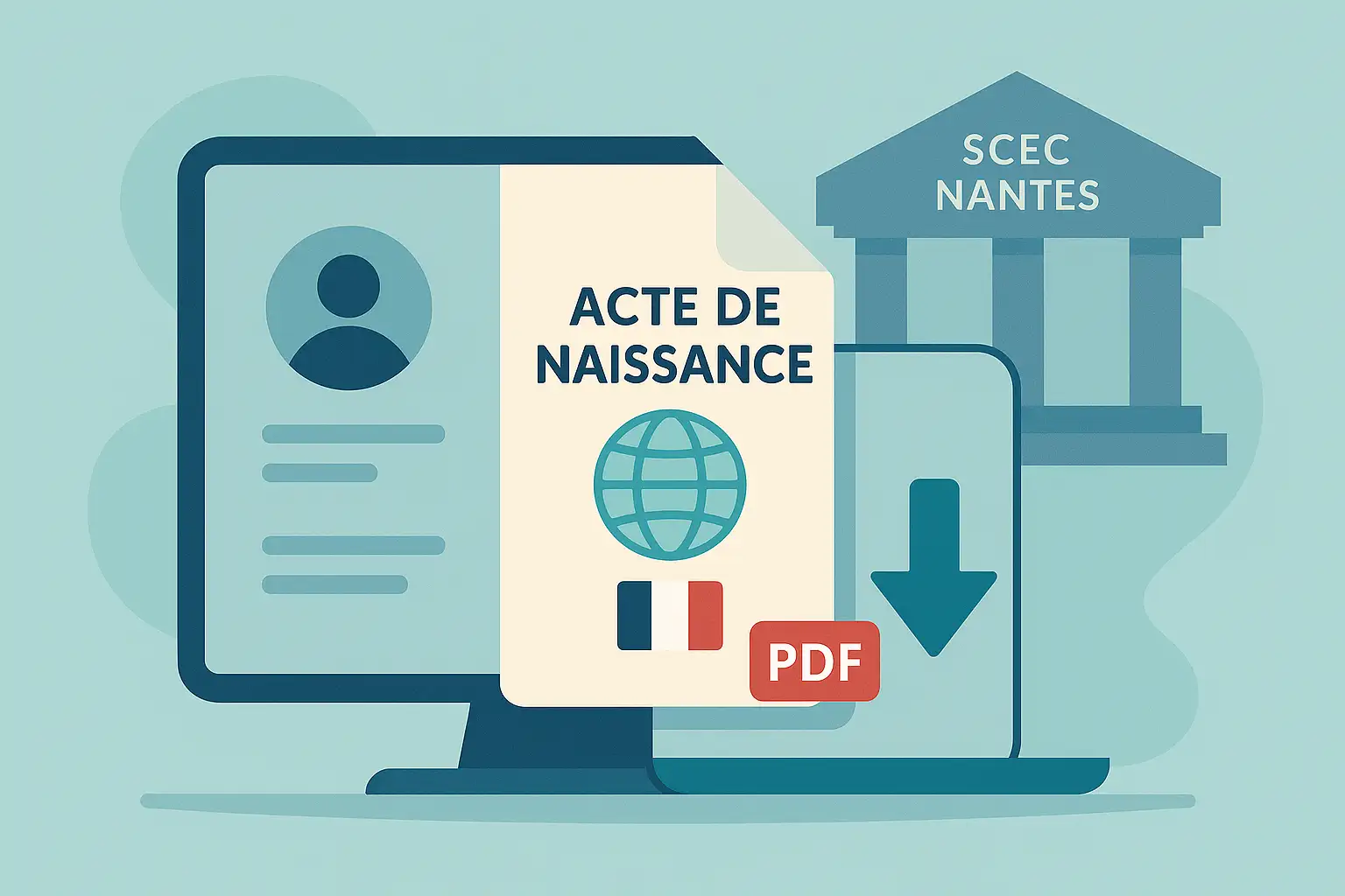 Illustration d’un acte de naissance PDF téléchargé pour une naissance à l’étranger avec icône monde, drapeau français et bâtiment symbolisant le SCEC Nantes