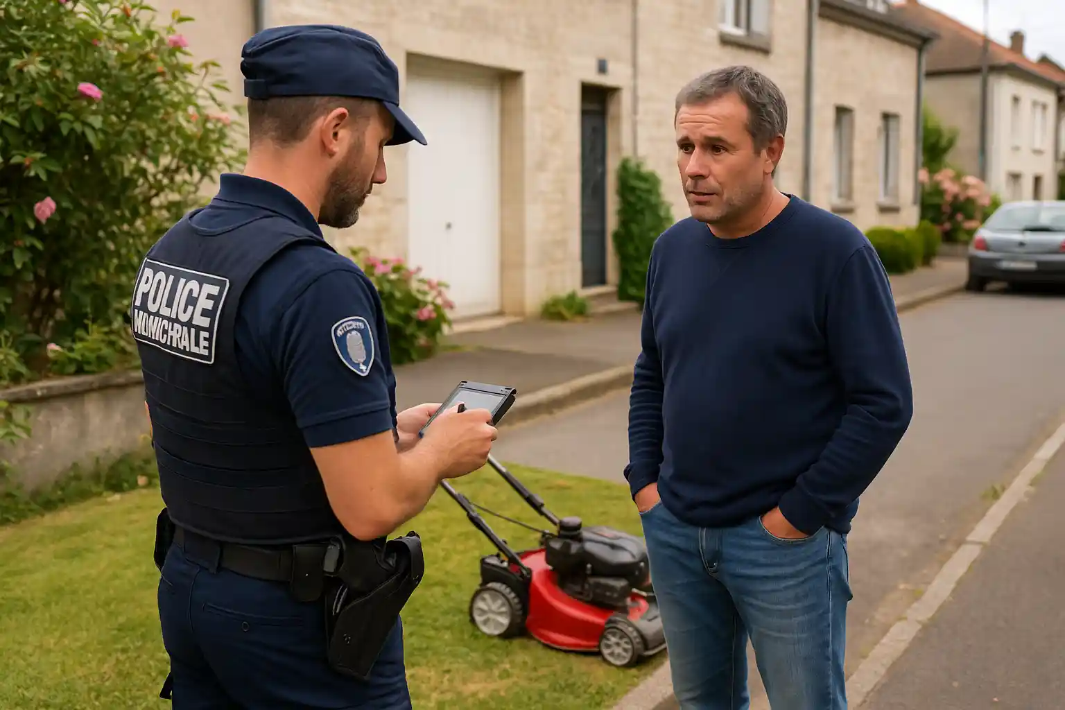 Agent de police municipale verbalisant un propriétaire près d’une tondeuse dans un jardin après une tonte hors horaire
