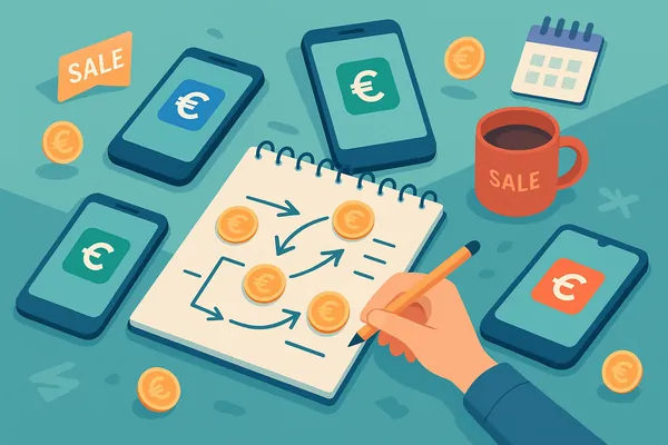 Plusieurs smartphones affichant des applications de cashback autour d’un carnet de stratégie avec flèches et pièces, illustrant les astuces pour maximiser ses gains