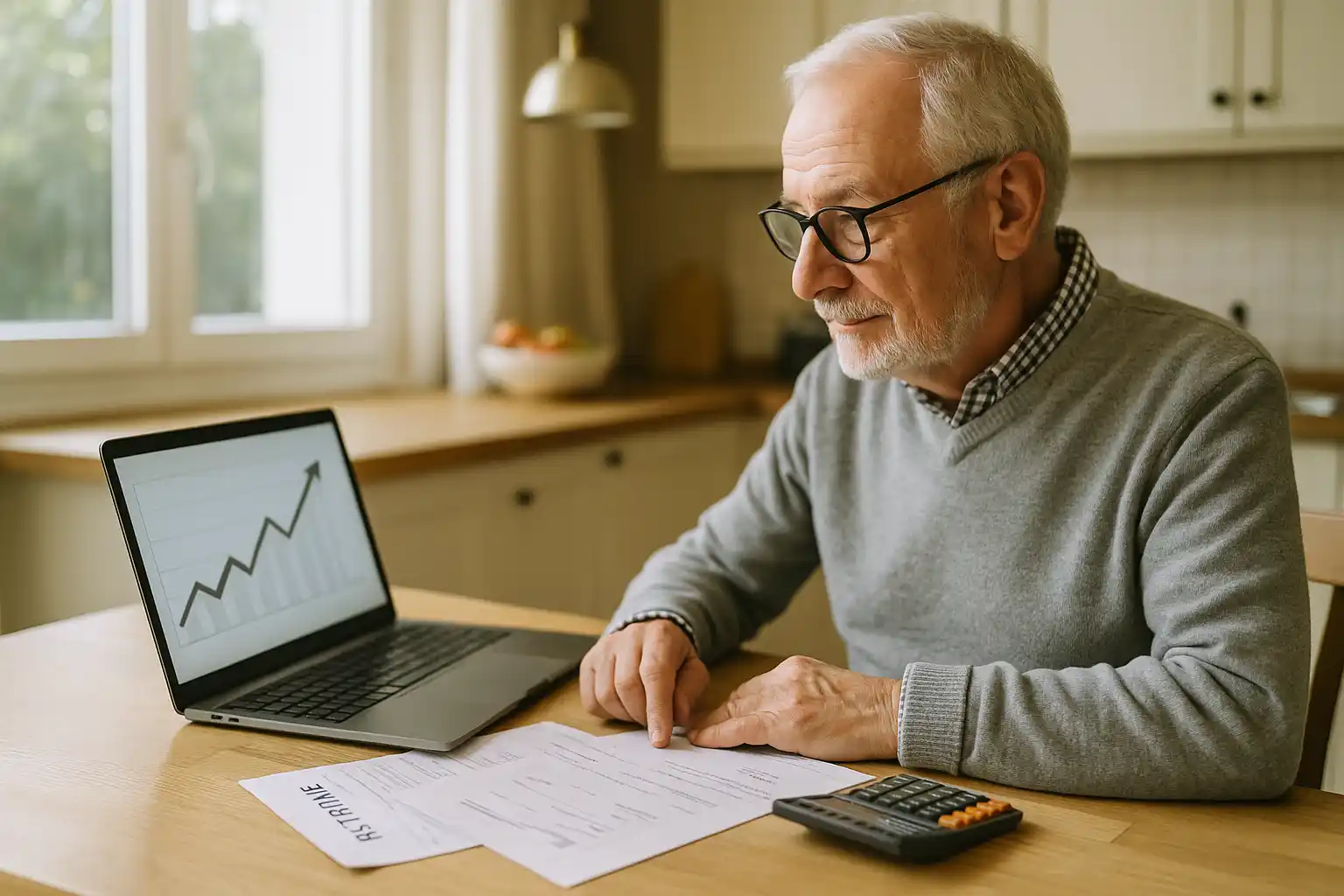 Retraité consultant ses documents de pension et un graphique de revenus sur un ordinateur portable dans sa cuisine