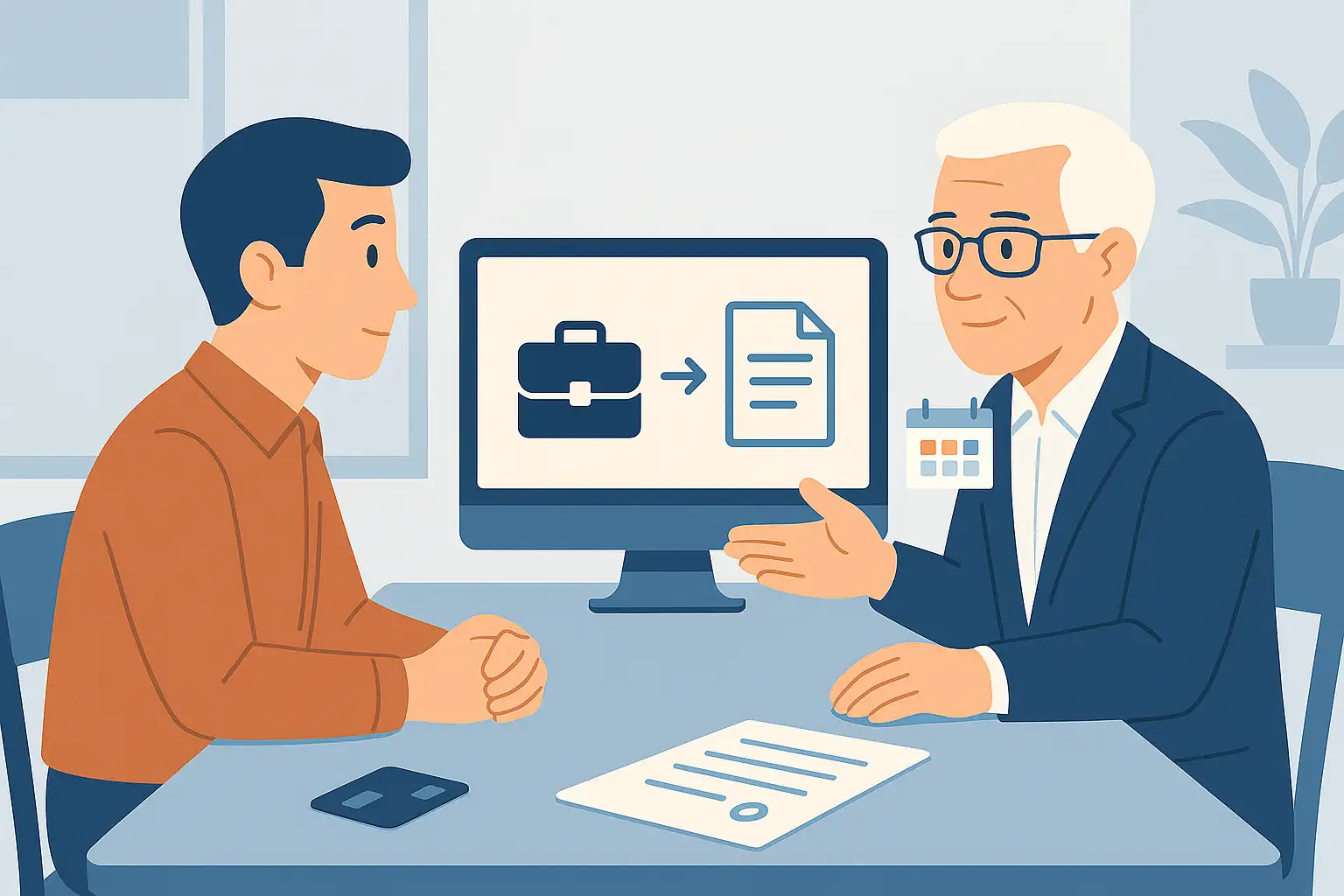 Salarié à temps partiel discutant avec un conseiller retraite devant un écran montrant la transition entre travail et dossier de retraite progressive