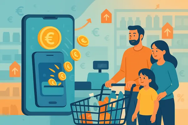 Famille faisant ses courses avec une application de cashback pour protéger son pouvoir d’achat face à l’inflation en 2026.