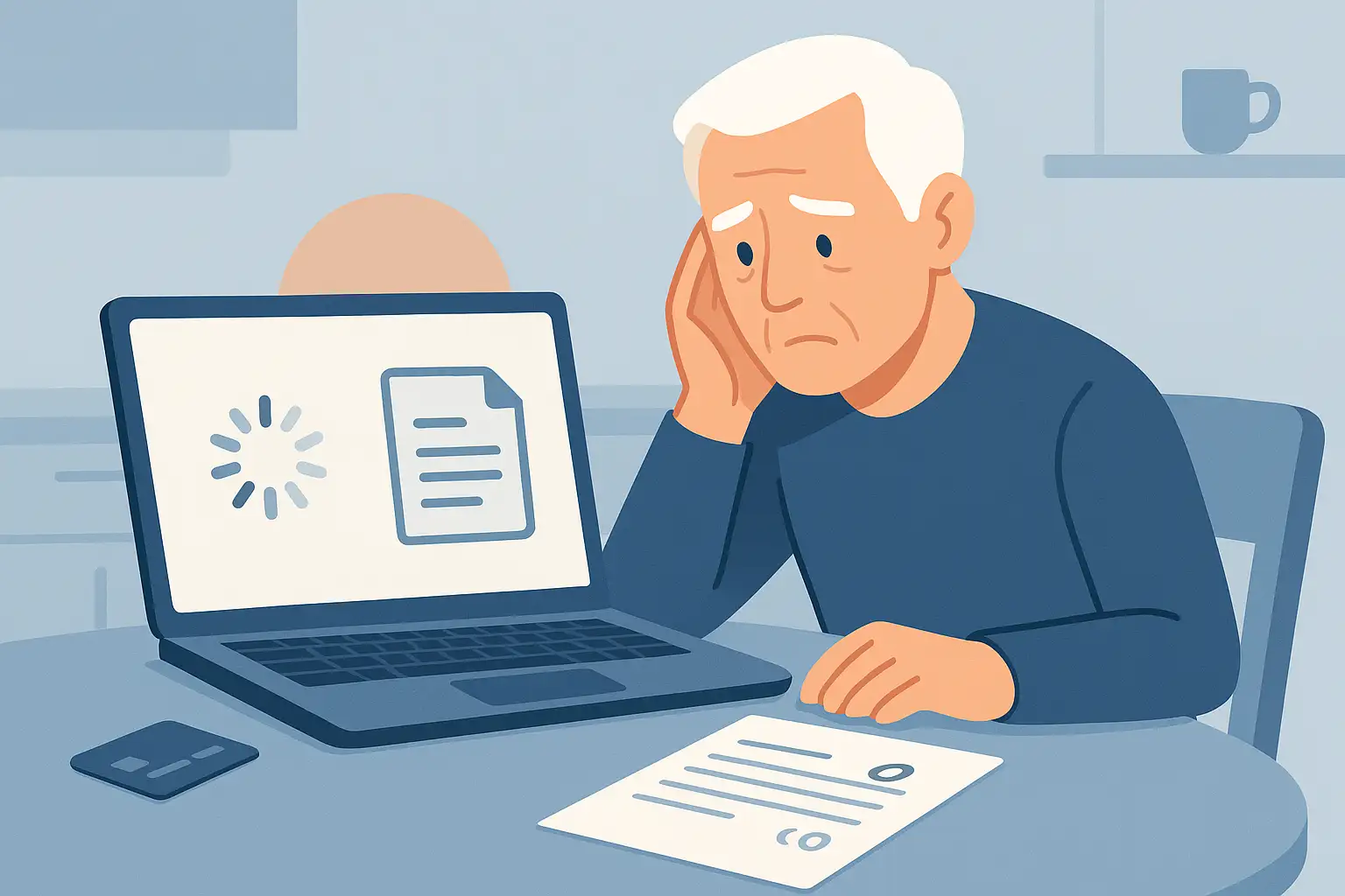 Retraité inquiet devant un ordinateur affichant un dossier retraite en cours de traitement et un relevé bancaire vide