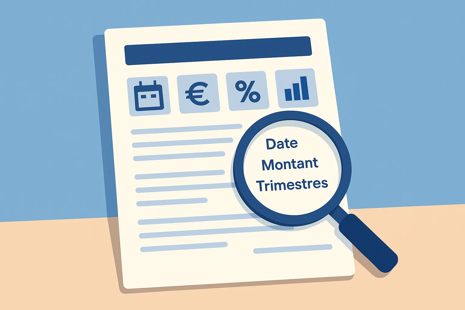 Document officiel de notification de pension vieillesse avec une loupe mettant en évidence la date de départ, le montant et les trimestres validés