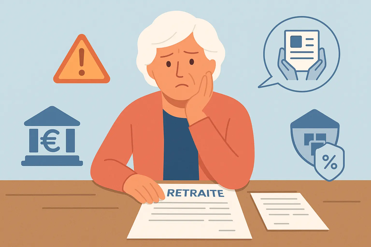 Senior examinant ses documents de retraite avec icônes d’avertissement, banque et justificatifs nécessaires pour la notification de pension