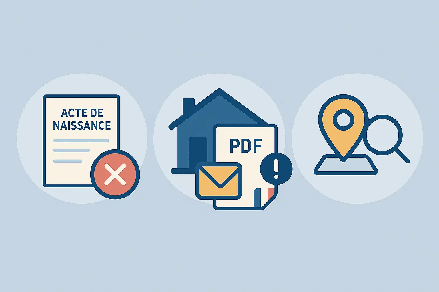 Illustration des erreurs courantes lors d’une demande d’acte de naissance : document incorrect, adresse ou mairie erronée