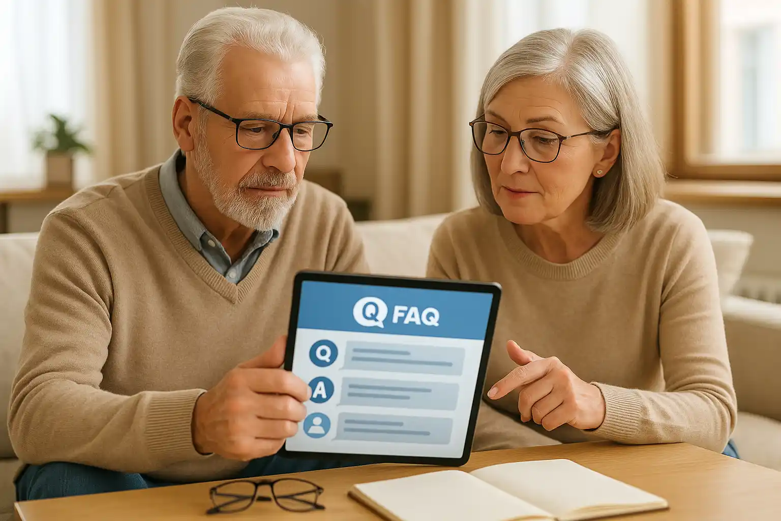 Couple de retraités consultant sur une tablette une FAQ concernant l’augmentation de la retraite