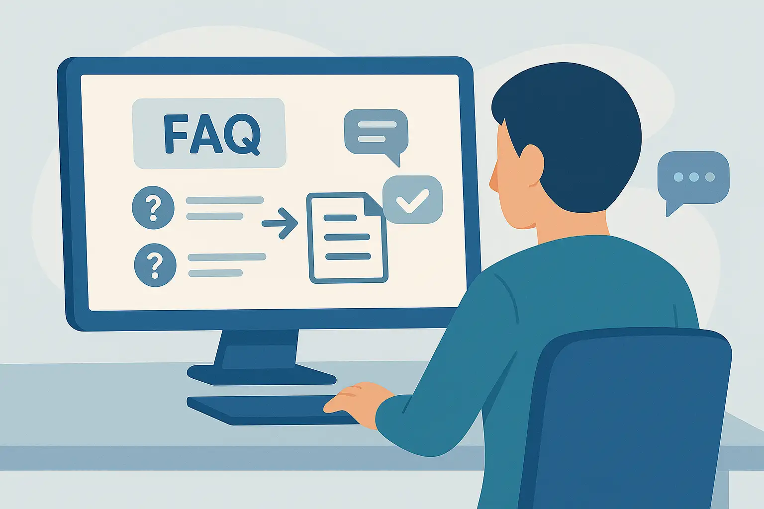 Personne consultant une FAQ en ligne avec des icônes de questions et de forums pour comprendre les délais de traitement d’un dossier retraite