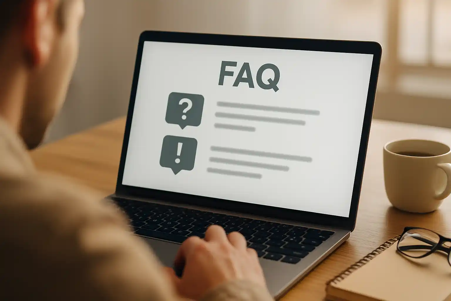 Personne consultant une FAQ sur les horaires de tonte sur un ordinateur portable, avec café et carnet sur la table