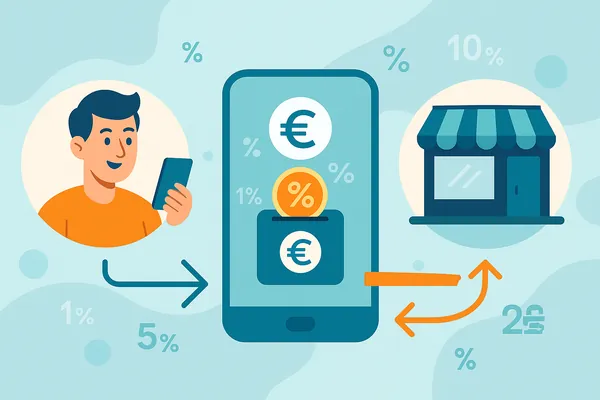 Schéma simple expliquant le fonctionnement du cashback entre l’utilisateur, la plateforme et le marchand, avec des pourcentages et un smartphone
