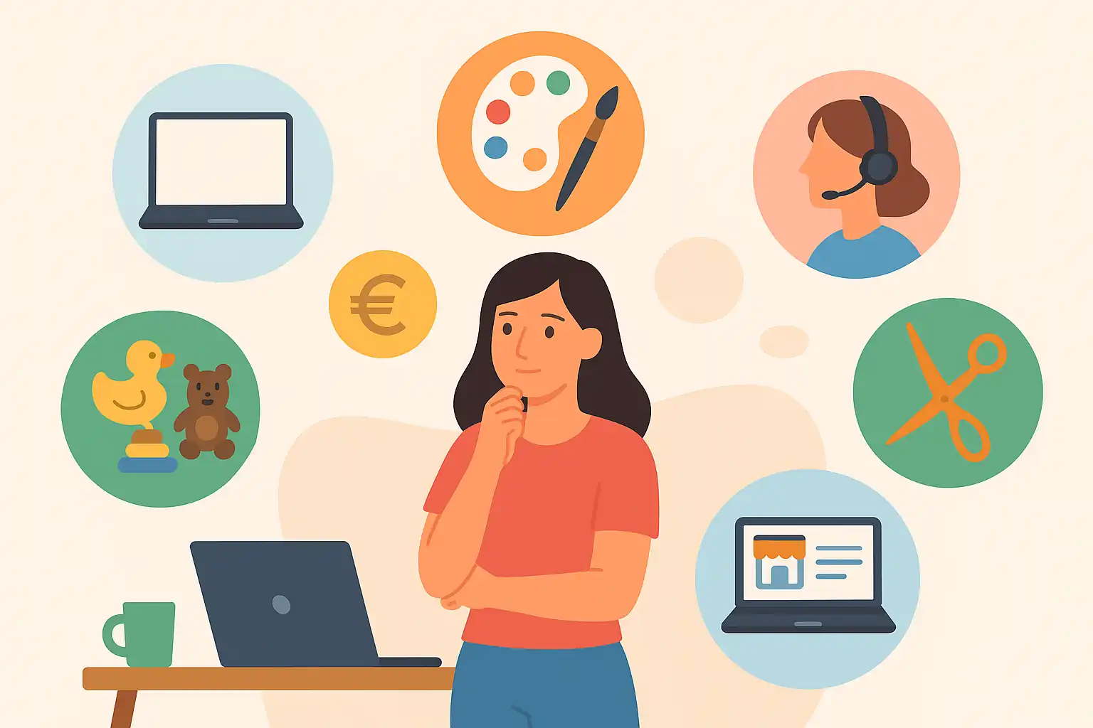 Maman au foyer réfléchissant aux différentes activités rentables possibles, entourée d’icônes représentant le freelance, la création artisanale, l’assistanat virtuel et les services à domicile