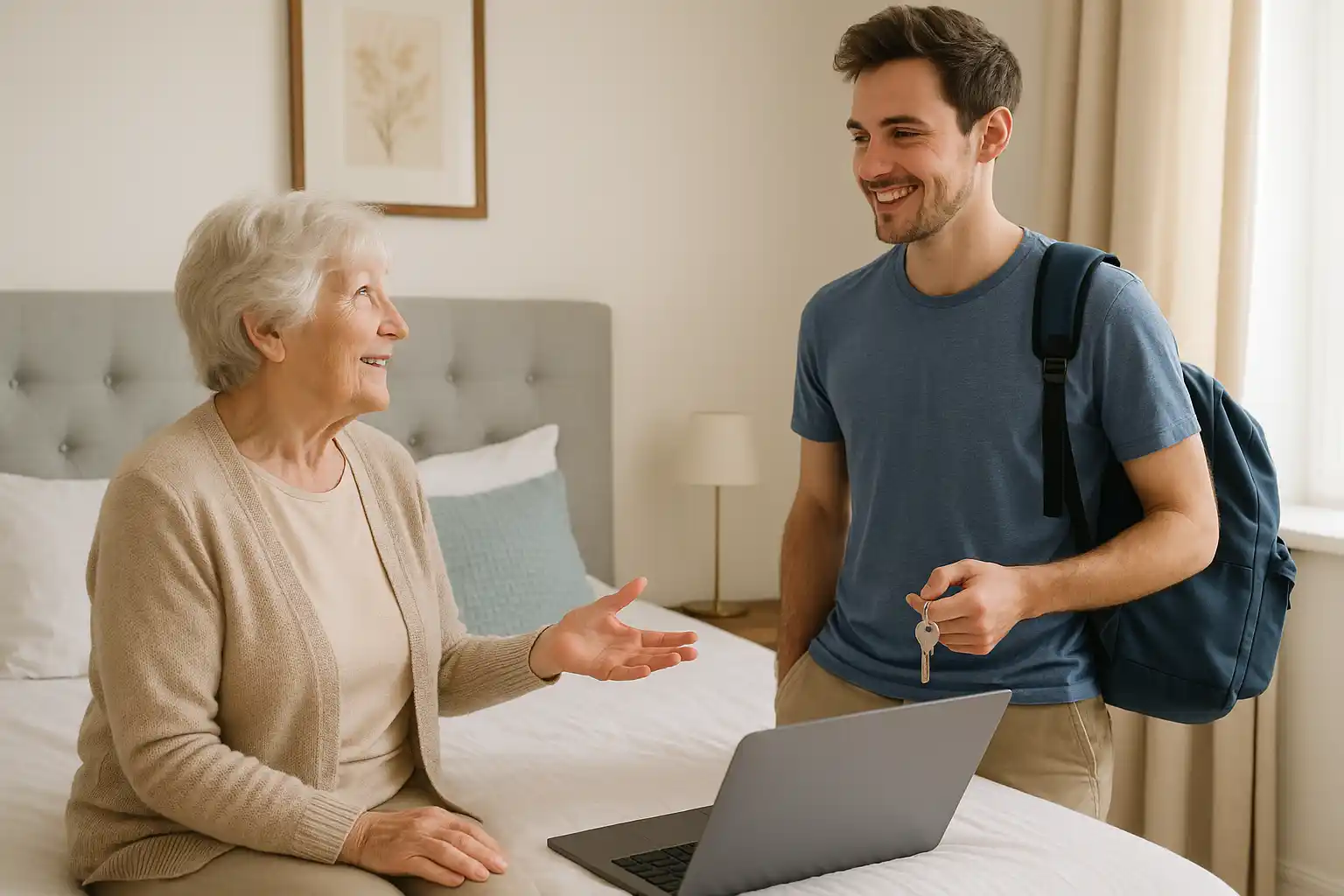 Retraitée accueillant un jeune locataire dans une chambre meublée, illustrant la location d’une partie de son logement exonérée d’impôt