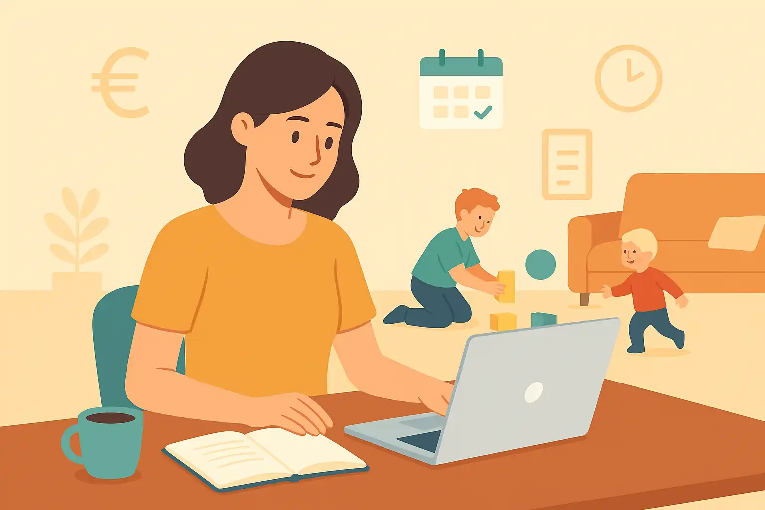 Maman au foyer travaillant sur son ordinateur pendant que ses enfants jouent, illustrant la possibilité de gagner 500 euros par mois depuis la maison.