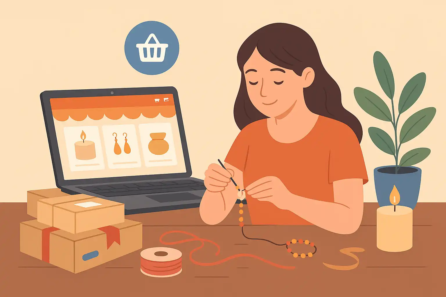 Maman au foyer fabriquant des bijoux artisanaux et gérant sa boutique Etsy sur son ordinateur portable