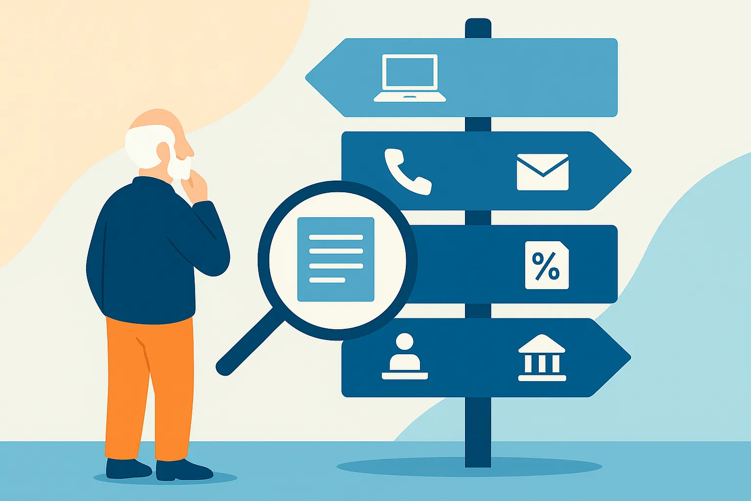 Senior choisissant entre plusieurs méthodes pour obtenir sa notification de pension : en ligne, téléphone, courrier, agence et FranceConnect