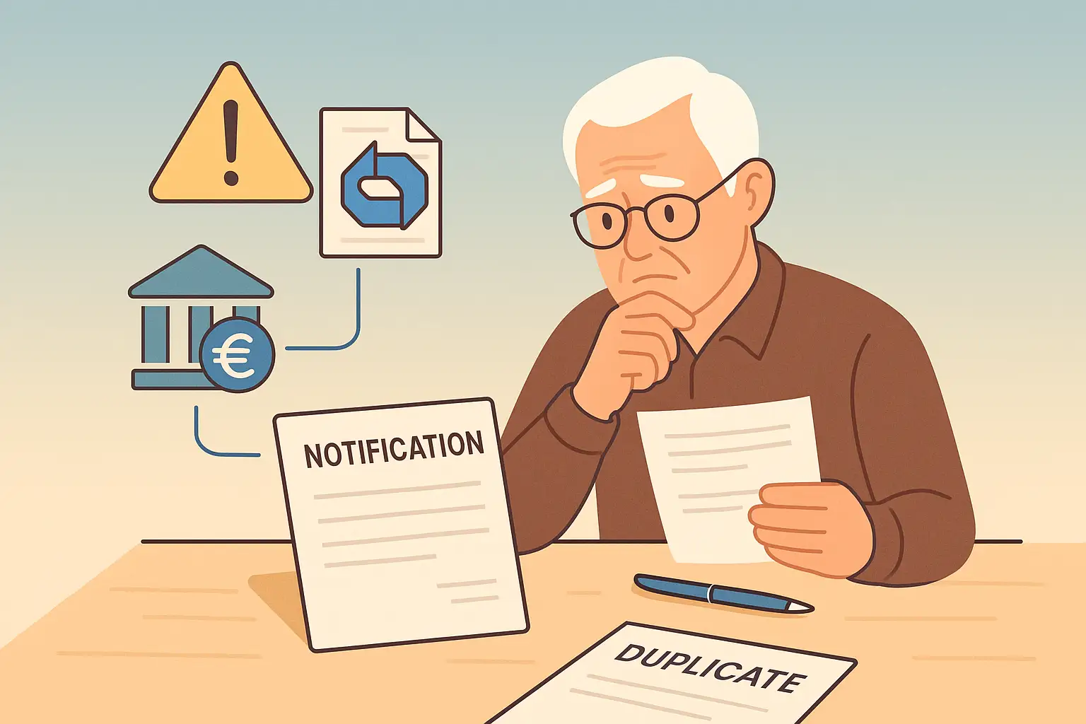 Retraité inquiet devant ses documents demandant un duplicata de notification de pension, avec icônes d’avertissement et de démarches administratives