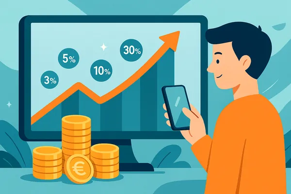 Graphique montant montrant les taux de cashback élevés proposés par Poulpeo, avec un utilisateur consultant son smartphone