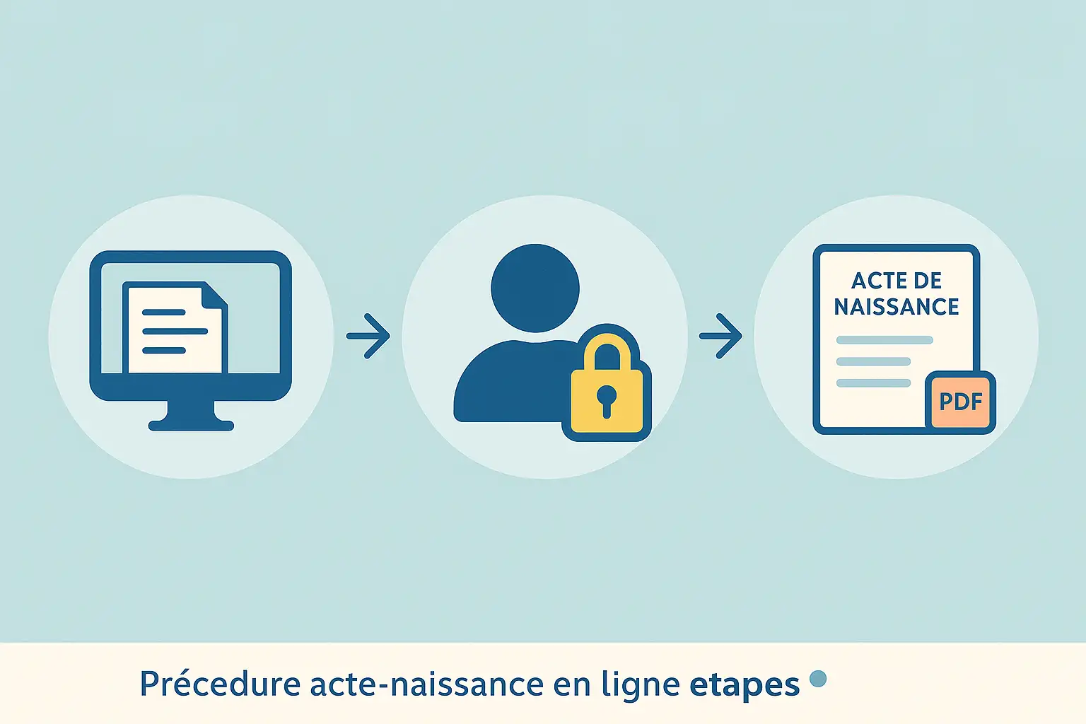 Trois icônes illustrant les étapes de la demande d’acte de naissance en ligne : formulaire, identification sécurisée et réception du PDF