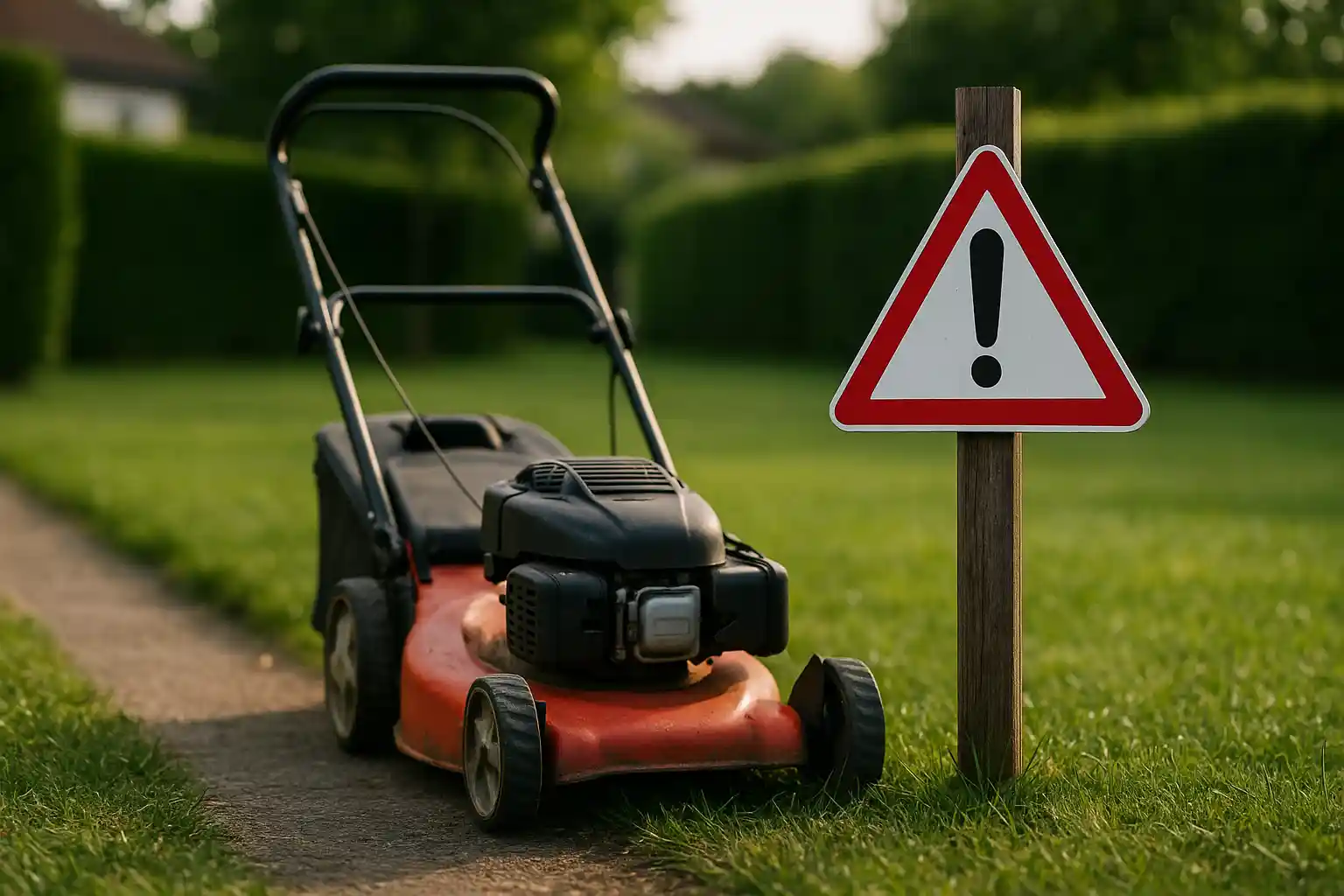 Tondeuse à l’arrêt posée à côté d’un panneau d’avertissement dans un jardin, symbolisant la réglementation des horaires de tonte