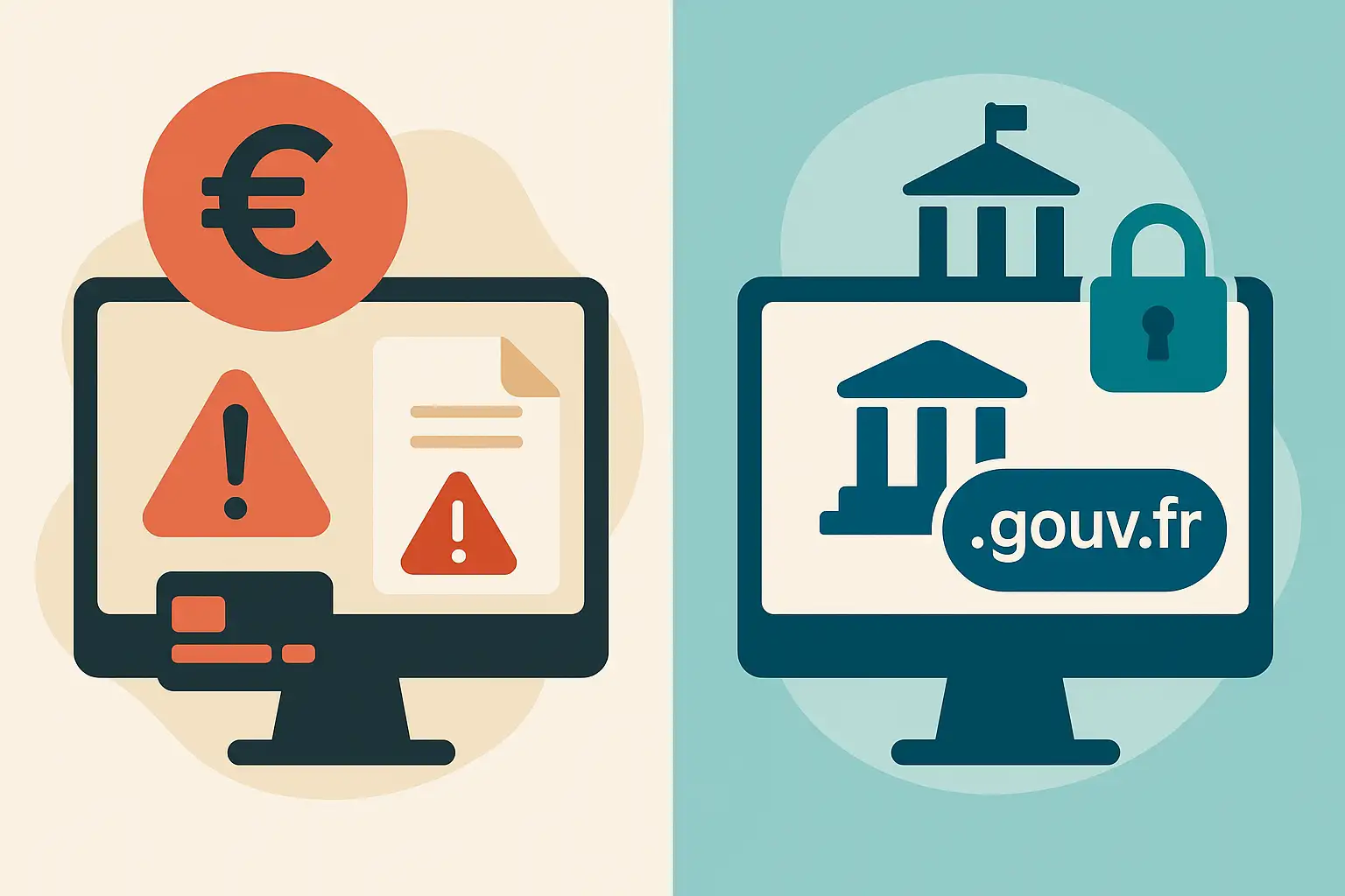 Comparaison visuelle entre un site frauduleux payant et un site officiel sécurisé .gouv.fr pour demander un acte de naissance