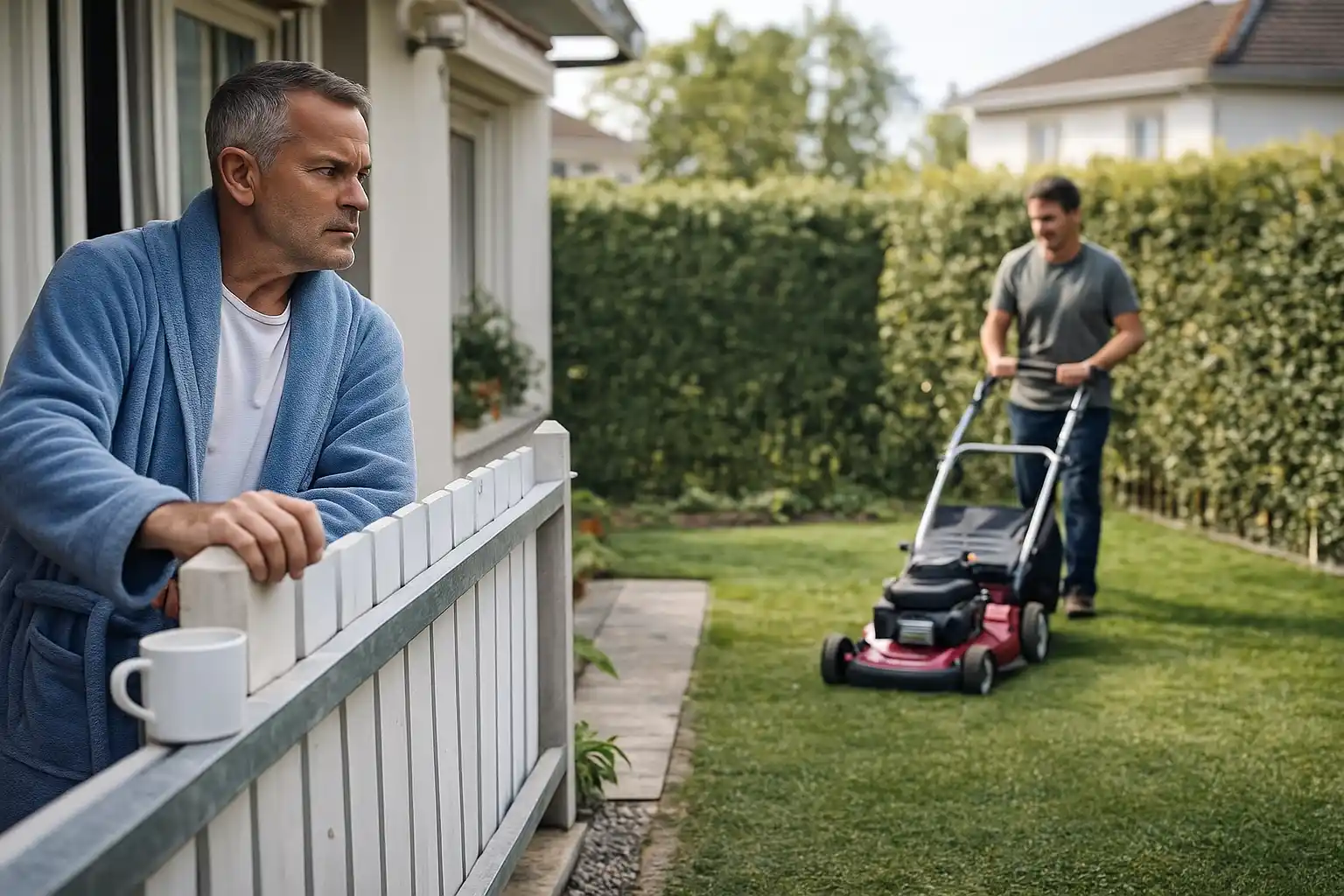 Voisin agacé observant un homme tondre la pelouse un dimanche matin dans un quartier résidentiel
