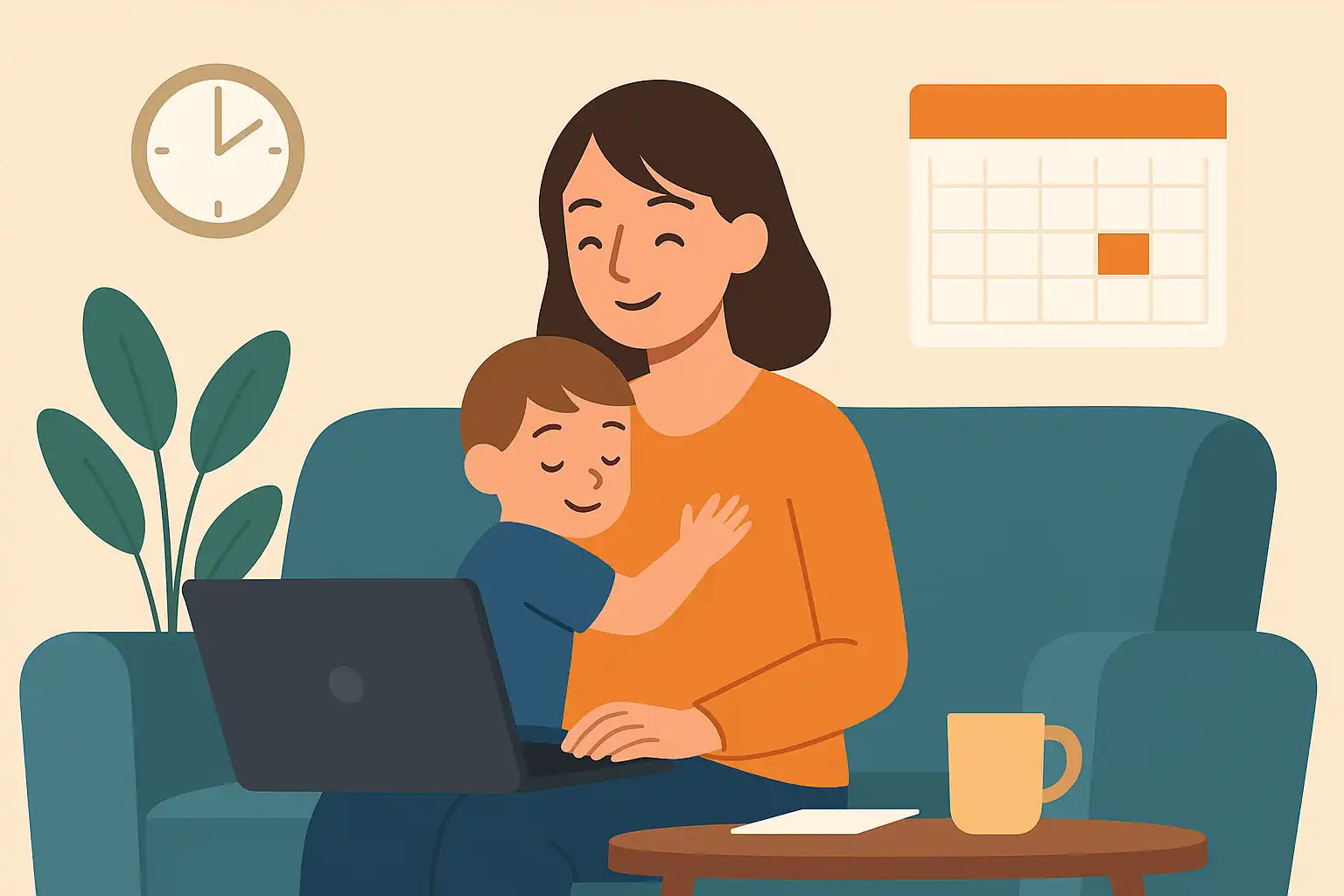 Maman au foyer travaillant depuis son canapé avec son enfant dans les bras, illustrant la flexibilité du travail à domicile