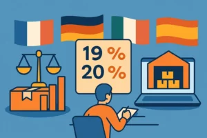 Illustration des raisons des écarts de prix Amazon en Europe : concurrence locale, taux de TVA (19%, 20%, 22%) et niveaux de stock dans les entrepôts FR, DE, IT et ES