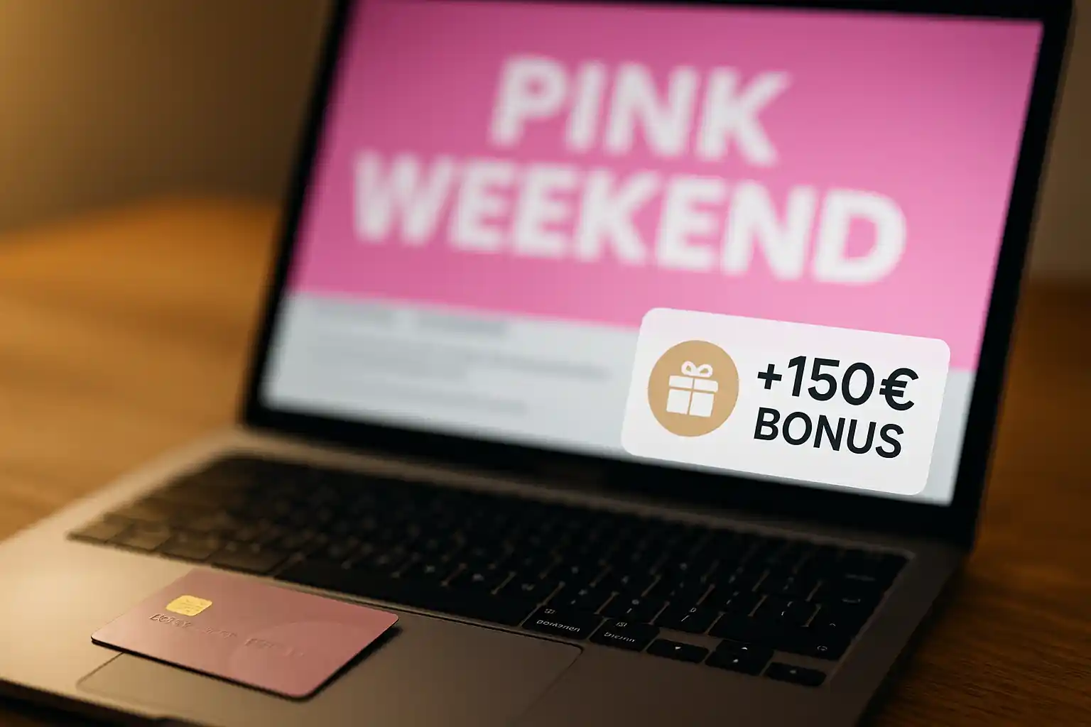 Laptop affichant une bannière Pink Weekend floue avec une notification de bonus et une carte bancaire posée dessus