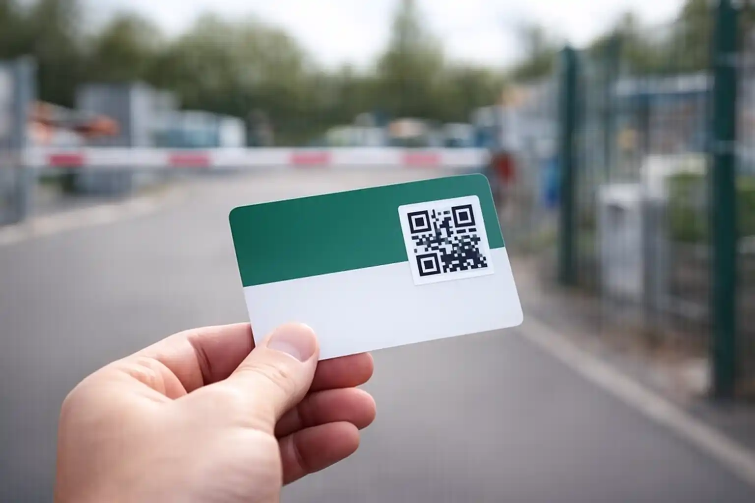 Main tenant une carte d’accès à la déchèterie devant une entrée avec barrière, scène réaliste de contrôle d’accès