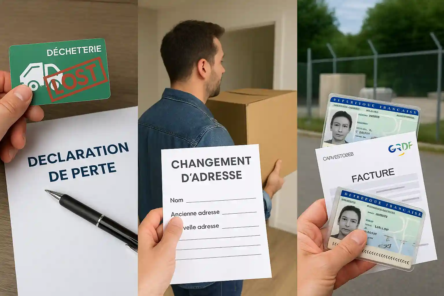 Illustration montrant les démarches en cas de perte de carte de déchèterie, changement d’adresse et accès sans carte