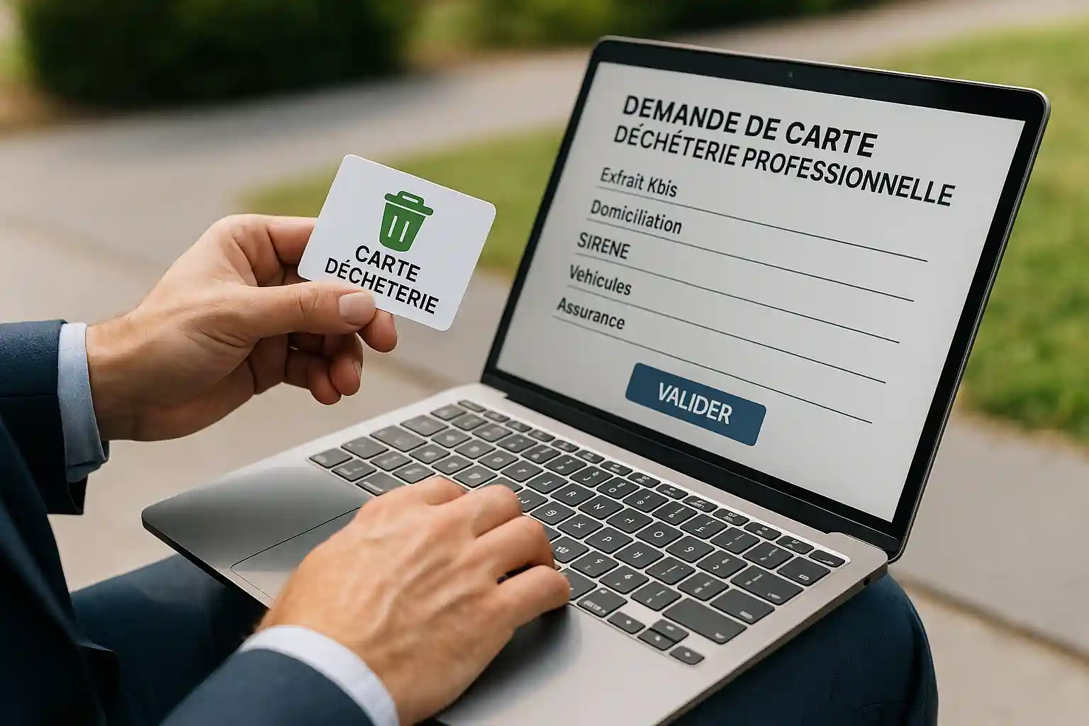 Professionnel présentant des documents et un véhicule utilitaire pour une demande de carte de déchèterie.