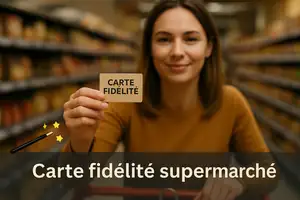 Femme tenant une carte de fidélité générique dans un supermarché, avec un flou d’arrière-plan montrant les rayons