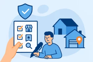 Illustration d’une checklist sécurité avant achat en ligne, avec icônes de vendeur vérifié, avis clients et point relais sécurisé.