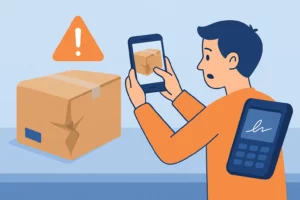 Consommateur photographiant un colis endommagé et terminal du livreur affichant une zone de signature, illustrant l’émission de réserves juridiques en cas d’avarie.