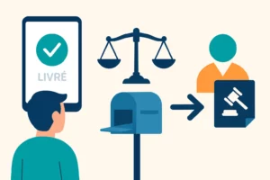 Illustration montrant un colis marqué “livré”, une boîte aux lettres vide et une balance de justice indiquant que le vendeur reste légalement responsable en cas de non-réception.