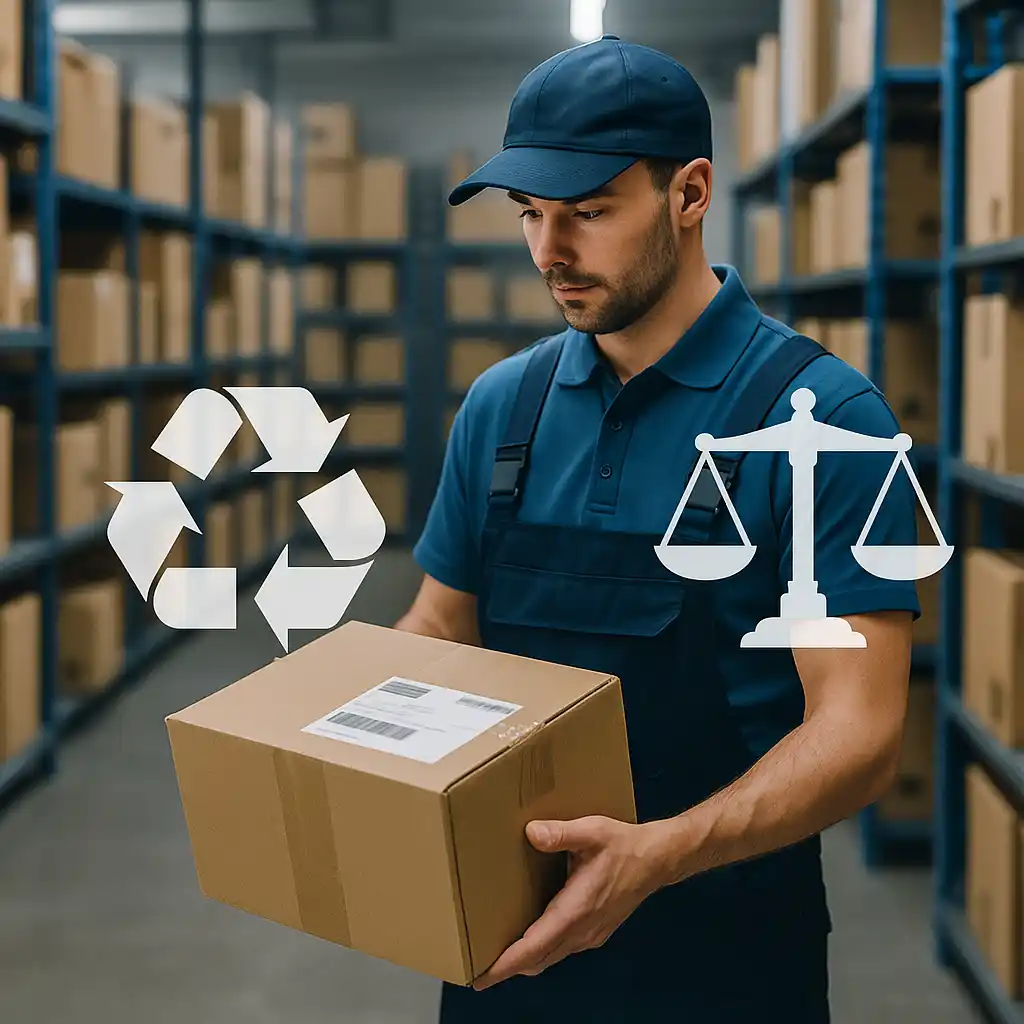 Employé dans un entrepôt logistique manipulant un colis perdu sur fond de rayonnages, illustrant le marché légal des colis non livrés