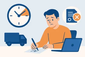 Consommateur rédigeant un recours face à un colis en retard, avec une horloge dépassant l’heure prévue, un camion immobile et une icône de contrat annulé.
