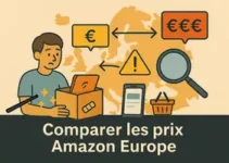 Illustration d’une carte d’Europe stylisée avec des étiquettes de prix et des flèches pour comparer les tarifs entre pays