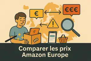Illustration d’une carte d’Europe stylisée avec des étiquettes de prix et des flèches pour comparer les tarifs entre pays