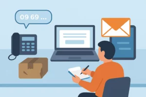 Client assis à son bureau utilisant un téléphone, un formulaire en ligne et une icône d’email pour contacter le service réclamation Chronopost.