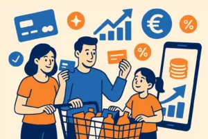 Famille faisant ses courses avec des cartes de fidélité et des icônes financières illustrant les économies possibles grâce aux programmes fidélité.