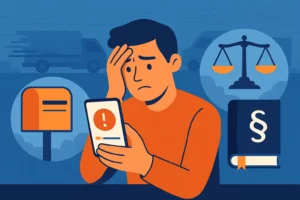 Consommateur inquiet consultant un suivi de colis bloqué, avec des icônes juridiques symbolisant les droits et recours en cas de livraison non reçue.