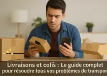 Homme examinant un colis abîmé tout en tenant son smartphone, avec titre du guide sur les livraisons et une baguette magique illustrant les solutions aux problèmes de transport