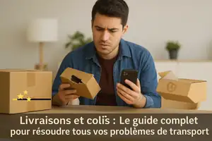Homme examinant un colis abîmé tout en tenant son smartphone, avec titre du guide sur les livraisons et une baguette magique illustrant les solutions aux problèmes de transport