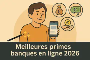 Illustration d’un utilisateur consultant les primes des banques en ligne 2026, avec des icônes d’argent et un smartphone