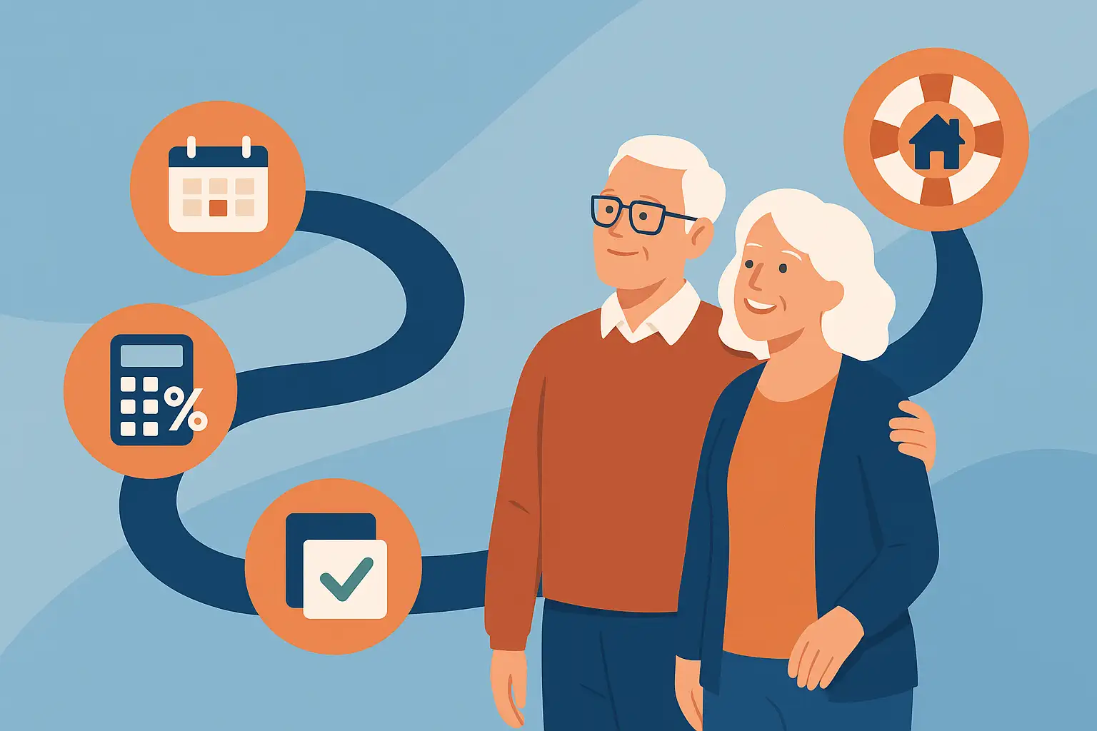 Couple de futurs retraités préparant leur retraite en France, avec un parcours illustré : âge légal, calcul de la pension, démarches administratives et aides financières.