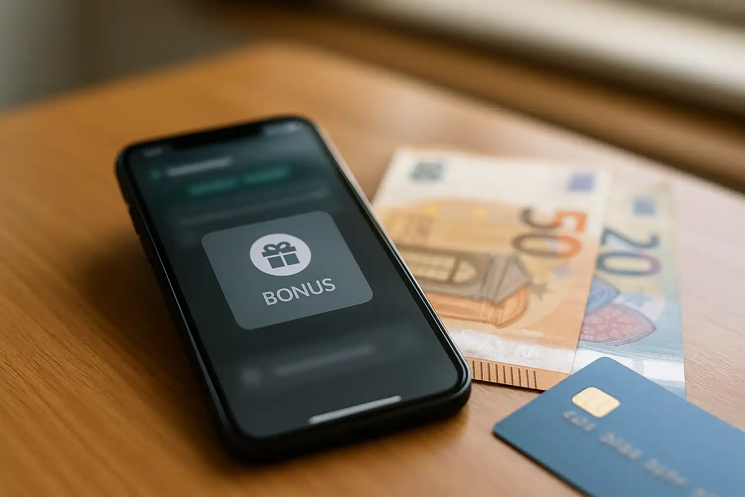 Smartphone affichant une notification de prime de bienvenue avec billets en euros et carte bancaire sur une table
