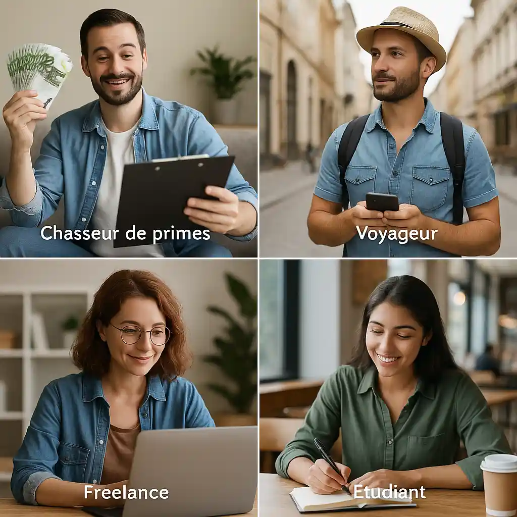 Collage de quatre profils types pour choisir une banque en ligne : chasseur de primes, voyageur, freelance et étudiant