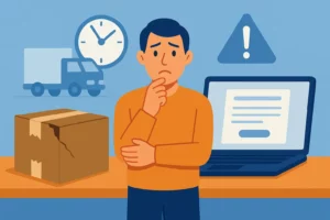 Client inquiet face à un colis abîmé et un ordinateur affichant un formulaire de réclamation Chronopost pour colis perdu, endommagé ou en retard.